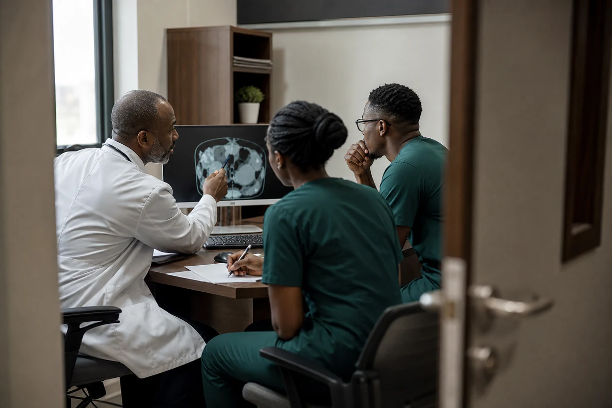 Clinicians reviewing a patient's case together