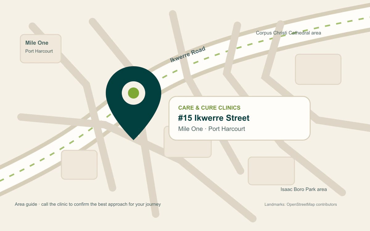 Map showing Care and Cure Clinics at #15 Ikwerre Street, Mile One, Port Harcourt