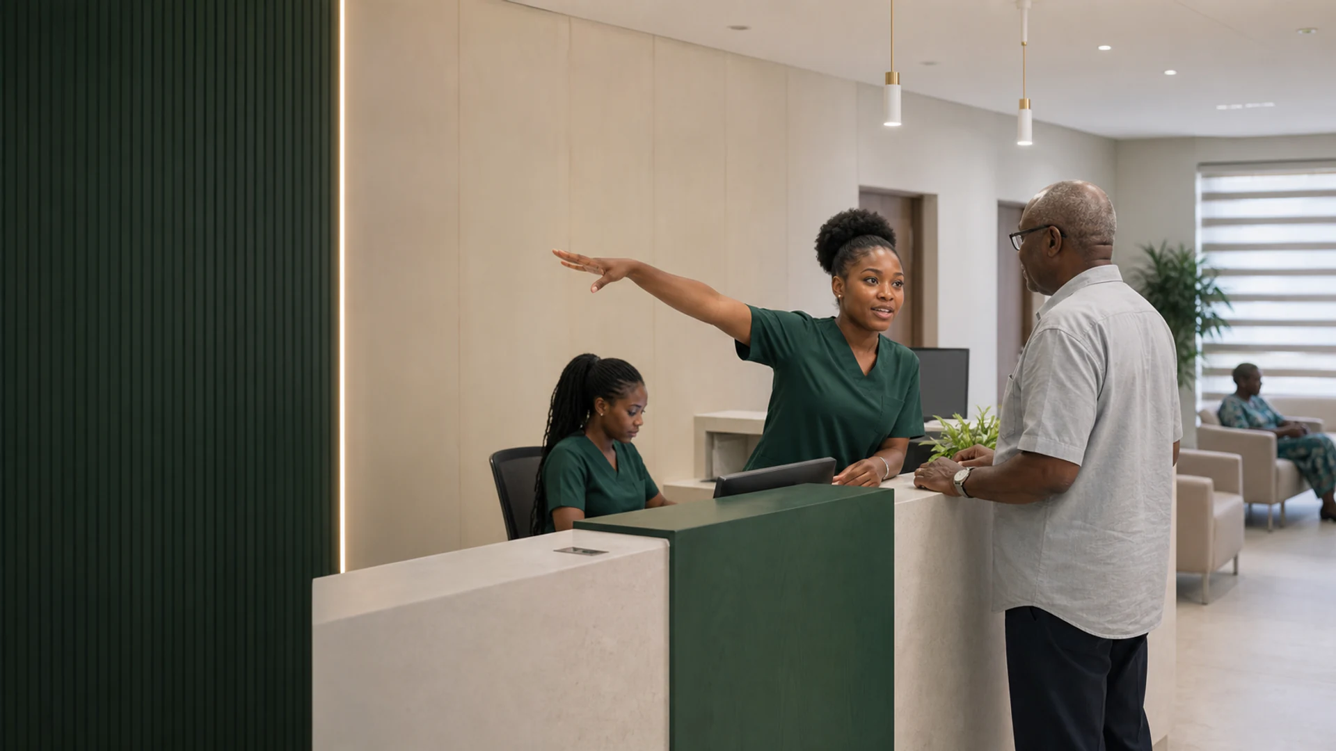 A Care & Cure staff member answering a patient's question at reception