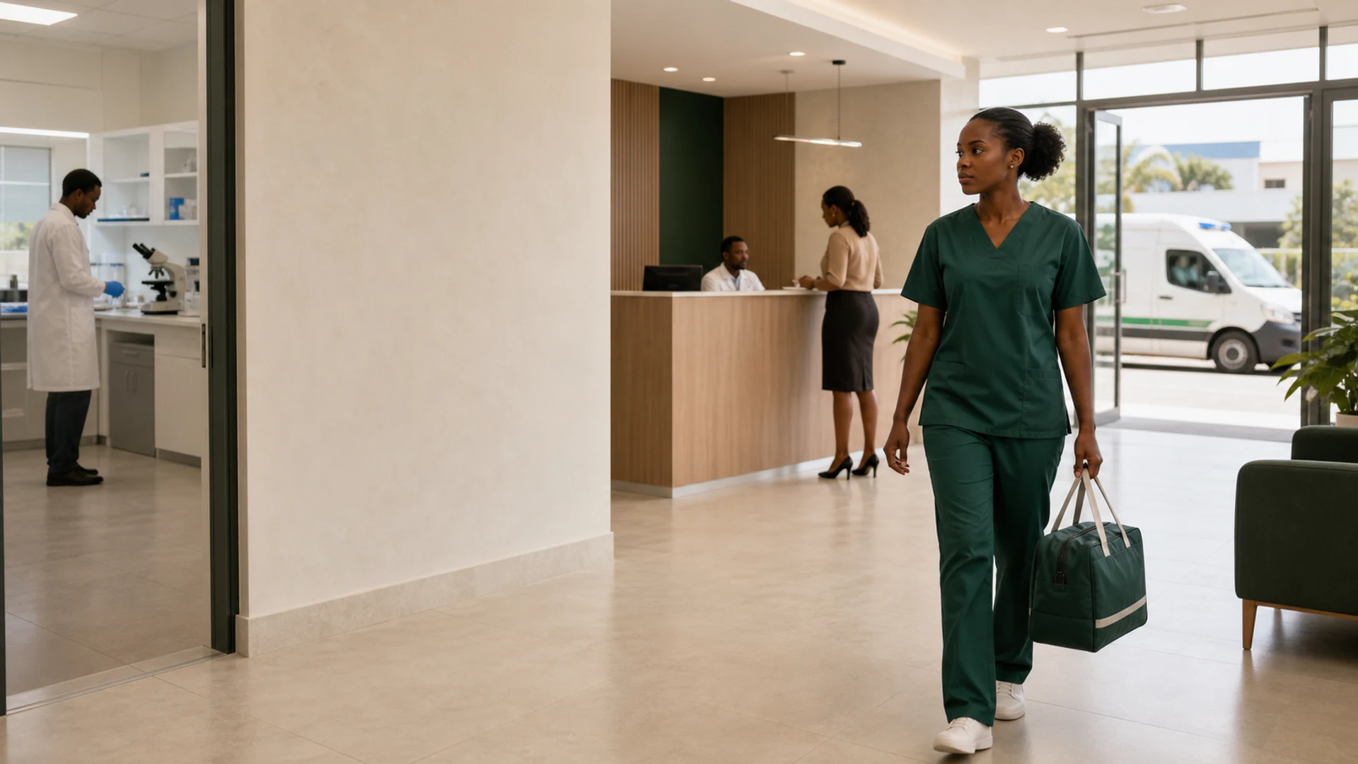 A nurse crossing the clinic reception with the laboratory and transport vehicle nearby