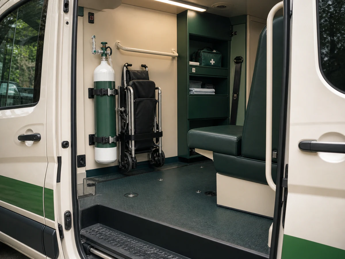 Inside the medical transport van