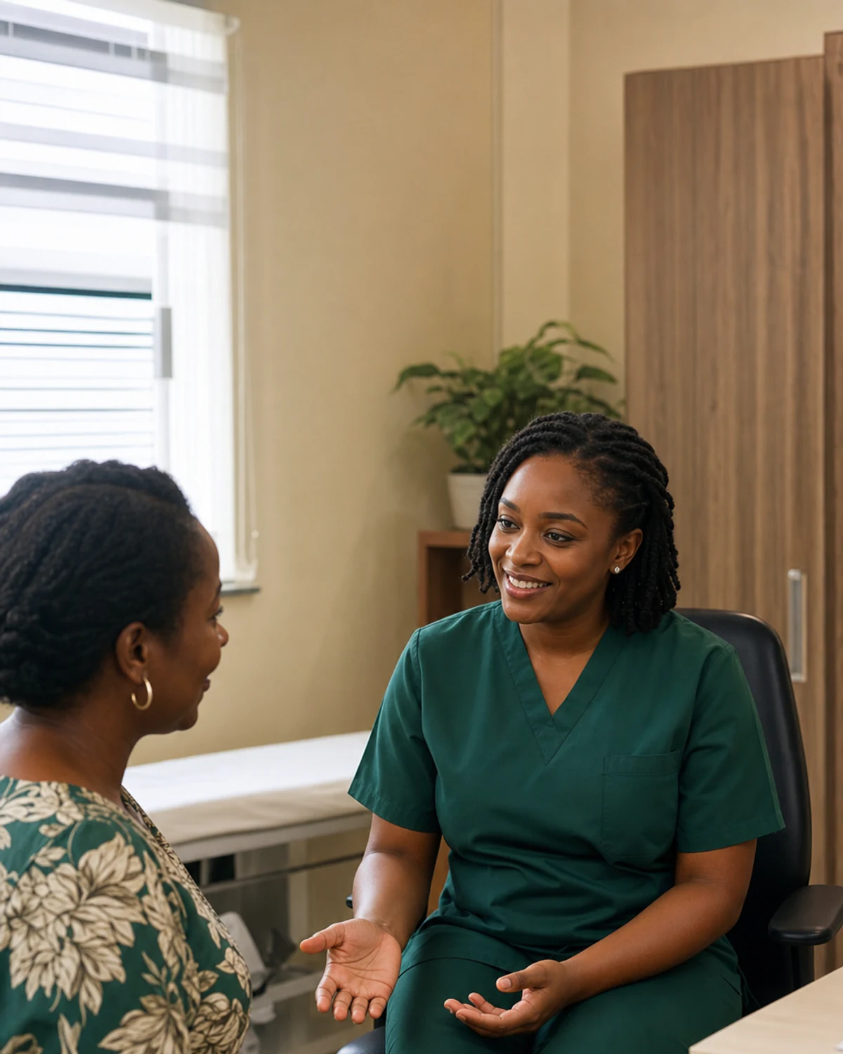A Care & Cure clinician in branded green scrubs in conversation with a seated patient