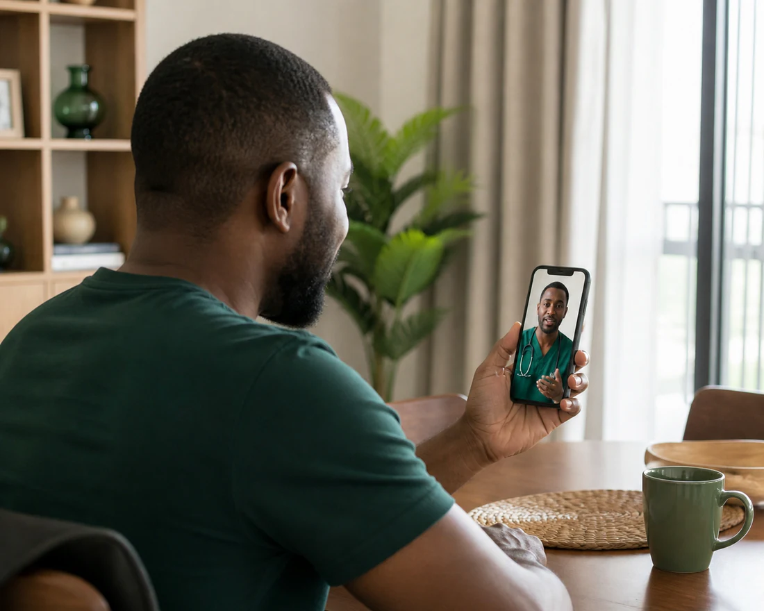 A patient joining a telemedicine consultation from home on a phone