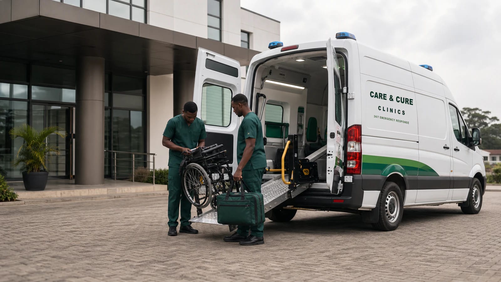 The branded Care & Cure medical transport vehicle with its crew
