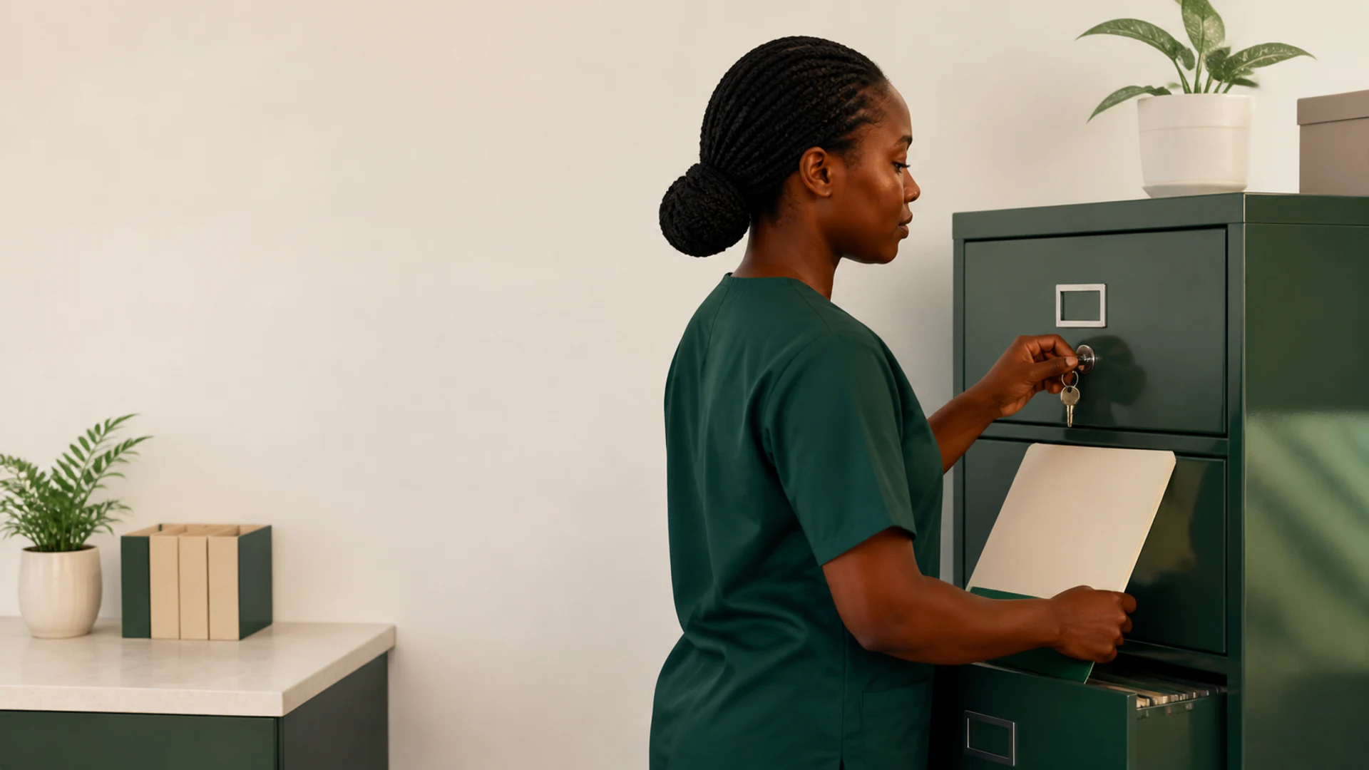 A clinic records coordinator securing a patient folder in a locked cabinet