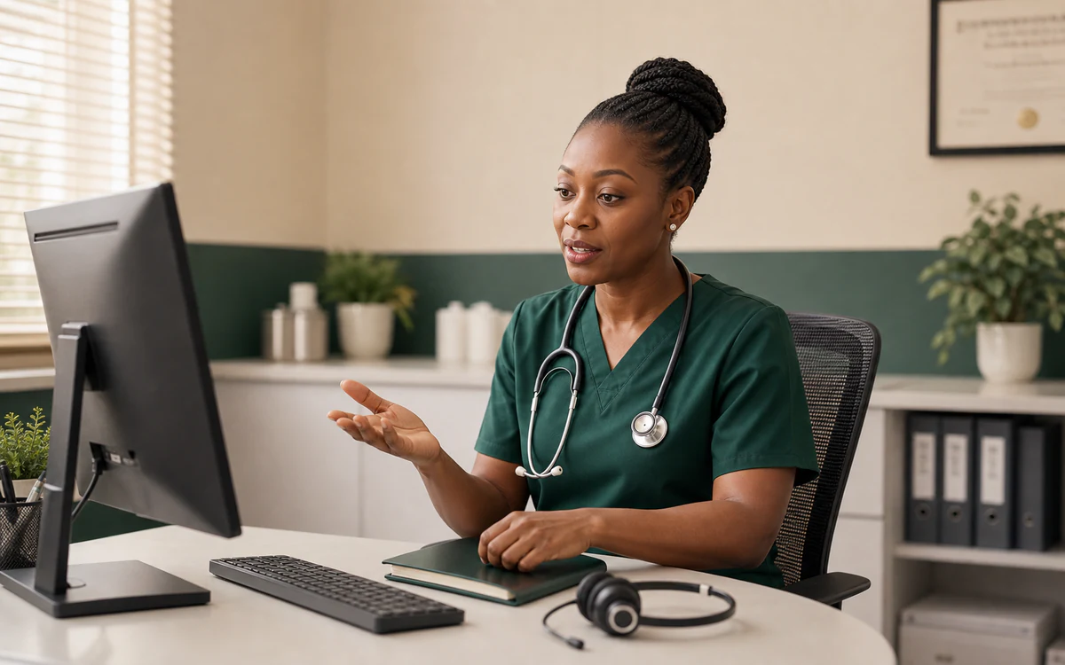 A doctor conducting an online consultation from the clinic