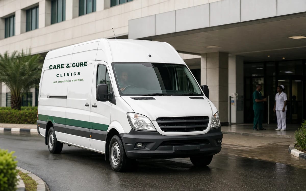 The Care & Cure medical transport van on the road