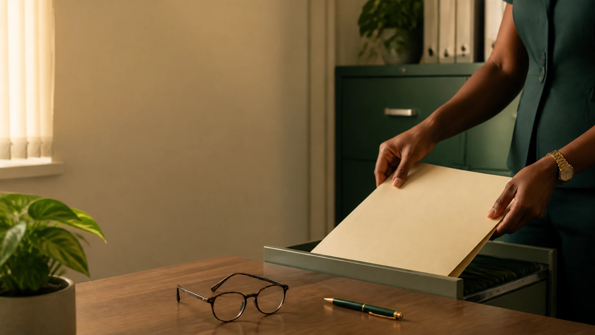 A clinic administrator organising a closed document folder