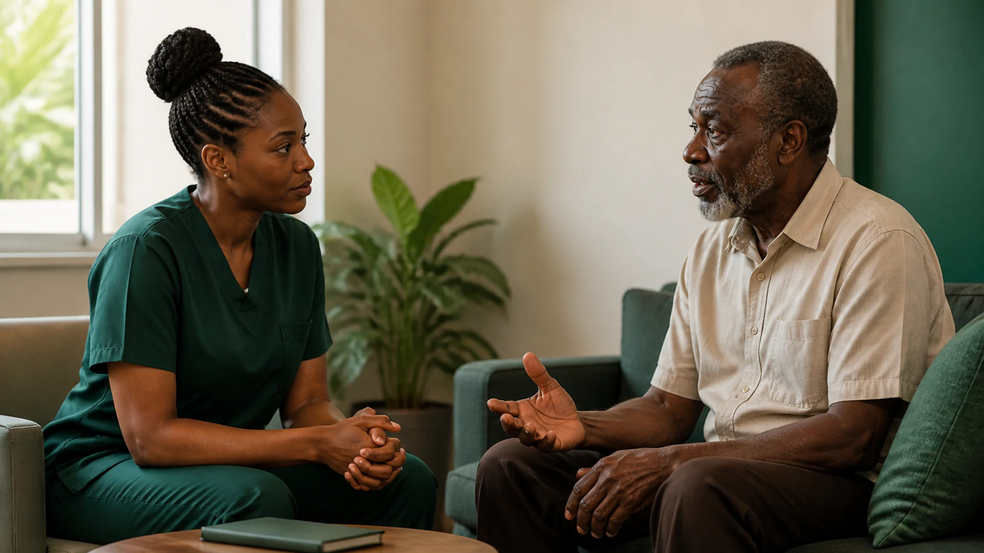A Care & Cure clinician listening to a patient