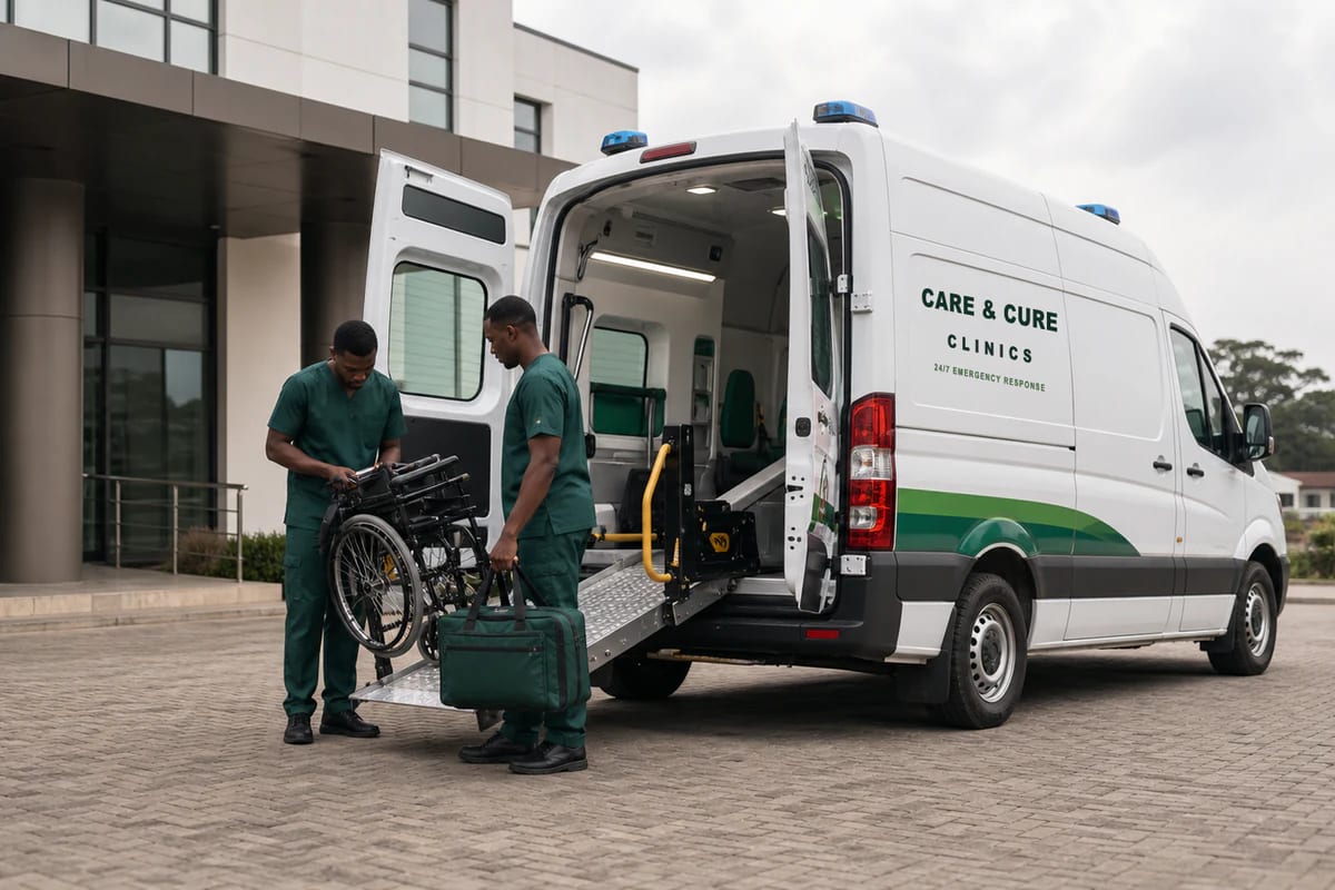 A branded Care & Cure ambulance and response motorcycle at the clinic entrance