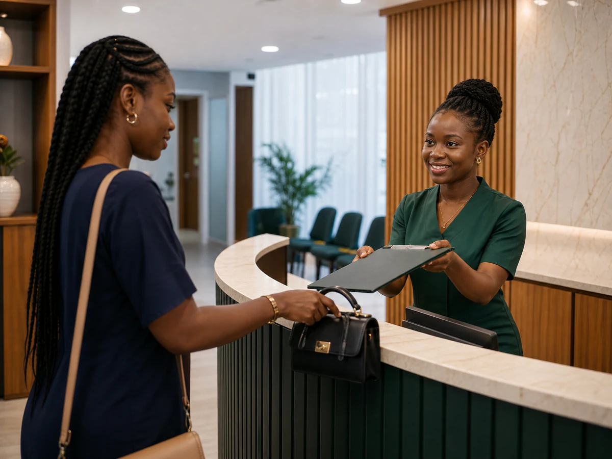 A patient being checked in at the Care & Cure reception desk