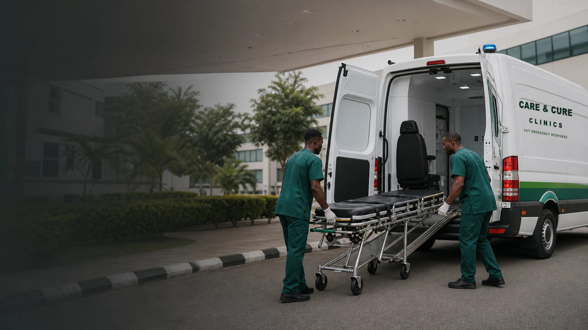 Care & Cure medical transport vehicle with crew loading a patient
