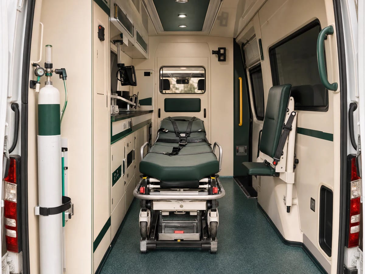 Interior of the medical transport vehicle showing stretcher and equipment